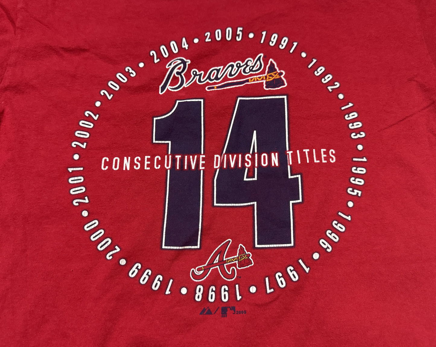 2005 Atlanta Braves 14 Straight Division Championships Majestic Shirt Size Medium